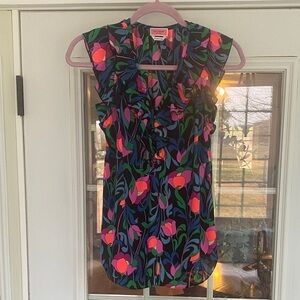 Kate Spade NY Black, Pink,Blue and Green Floral Ruffle Blouse. Sz XS.